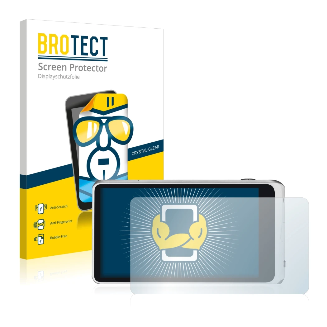 Face avant d’un emballage produit avec le logo de la marque BROTECT. À côté, l’appareil Samsung Galaxy Camera 2 EK-GC200 est r