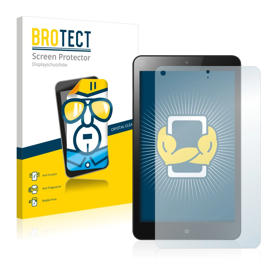 Face avant d’un emballage produit avec le logo de la marque BROTECT. À côté, l’appareil Lenovo ThinkPad Tablet 8 est représent