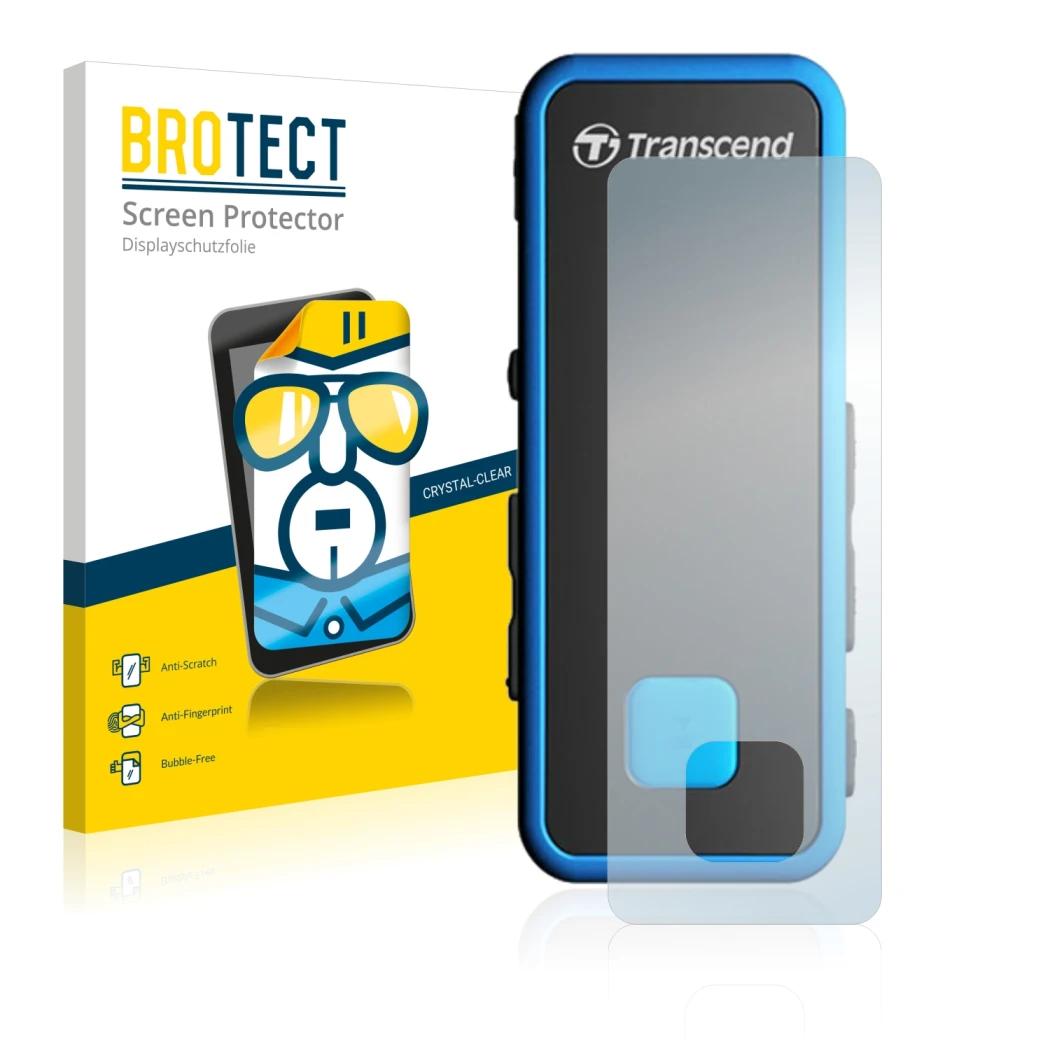 Face avant d’un emballage produit avec le logo de la marque BROTECT. À côté, l’appareil Transcend MP350 est représenté avec la