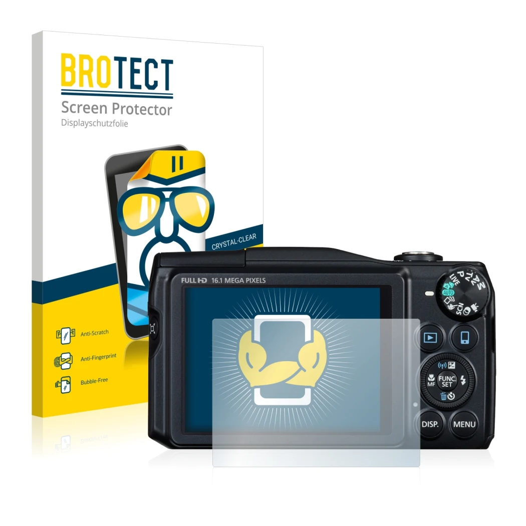 Face avant d’un emballage produit avec le logo de la marque BROTECT. À côté, l’appareil Canon PowerShot SX700 HS est représent