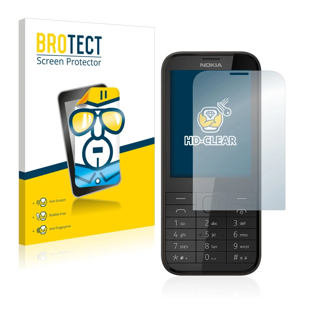 Face avant d’un emballage produit avec le logo de la marque BROTECT. À côté, l’appareil Nokia 225 est représenté avec la prote