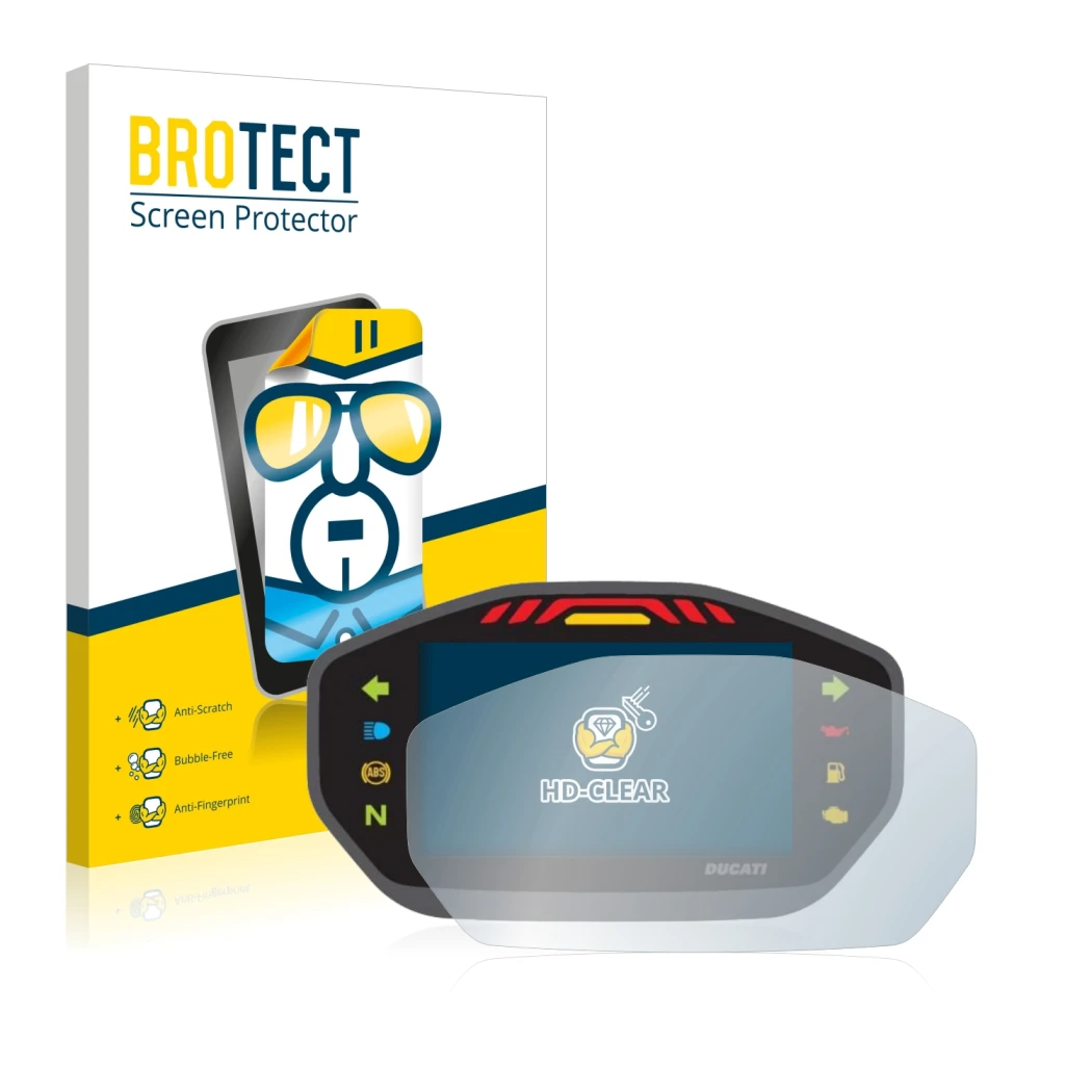 Face avant d’un emballage produit avec le logo de la marque BROTECT. À côté, l’appareil Ducati Monster 1200S Colour-TFT-Displa