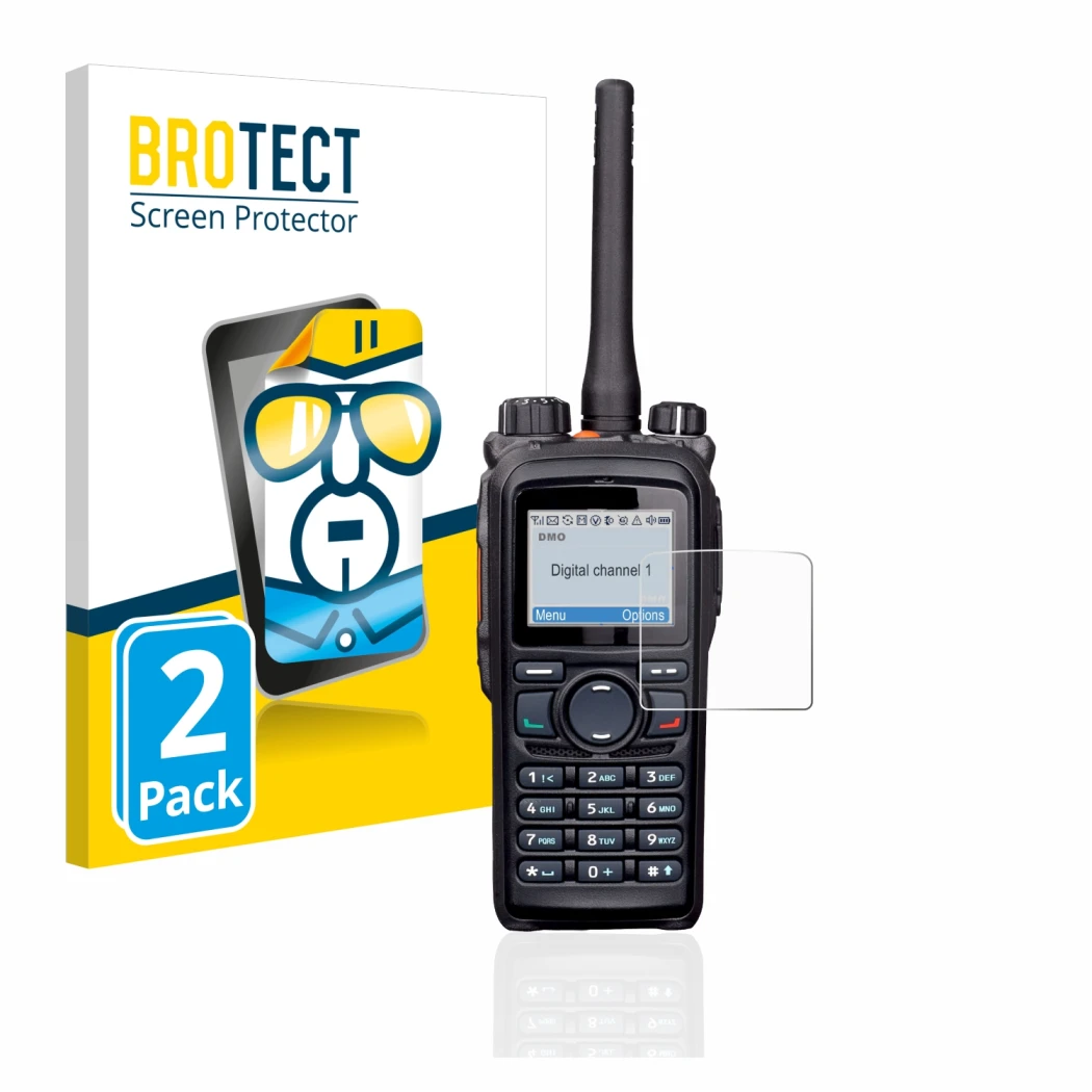 Face avant d’un emballage produit avec le logo de la marque BROTECT. À côté, l’appareil Hytera PD785 est représenté avec la pr
