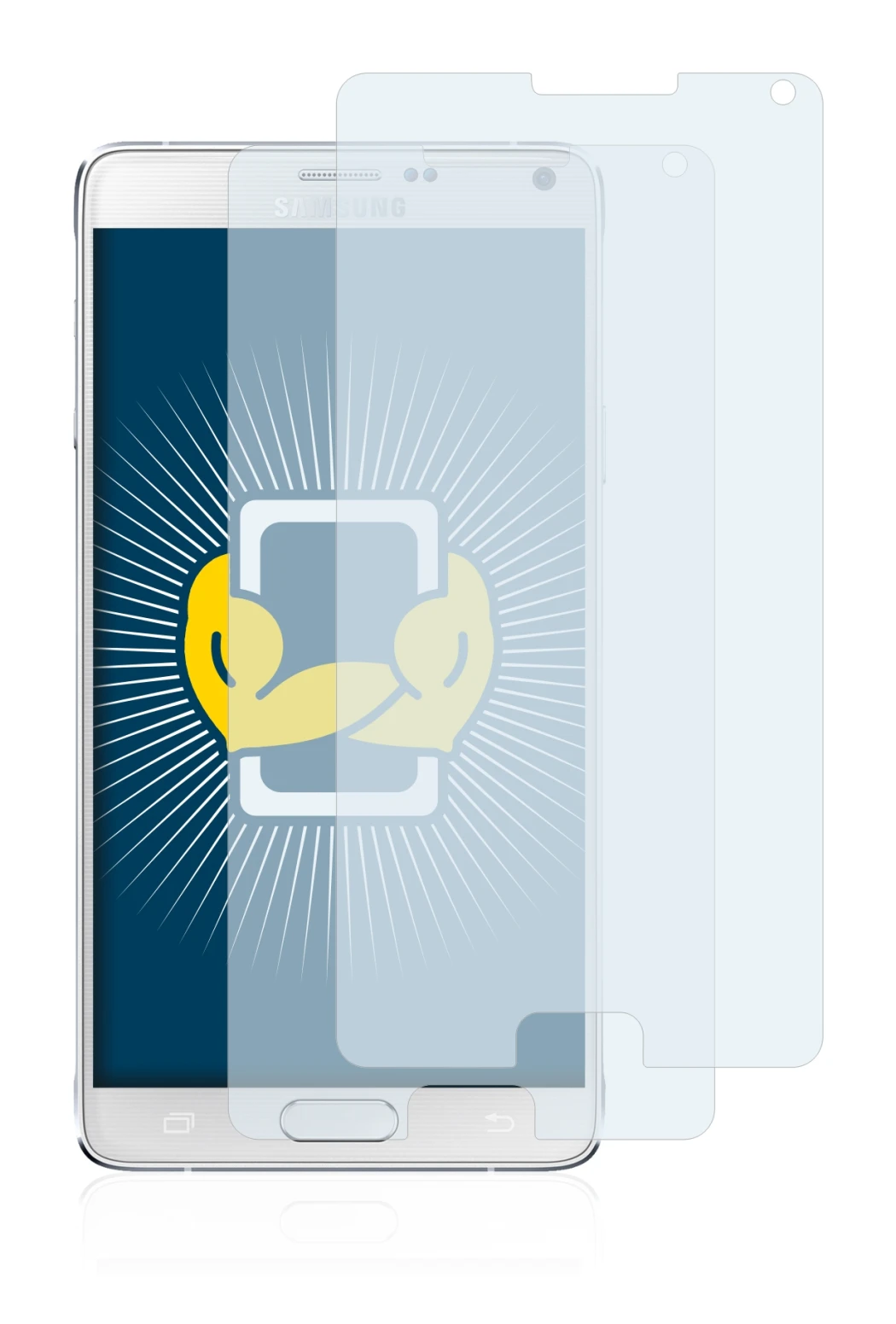 Image de l'appareil Samsung Galaxy Note 4 avec une grande variété de protections d'écran.