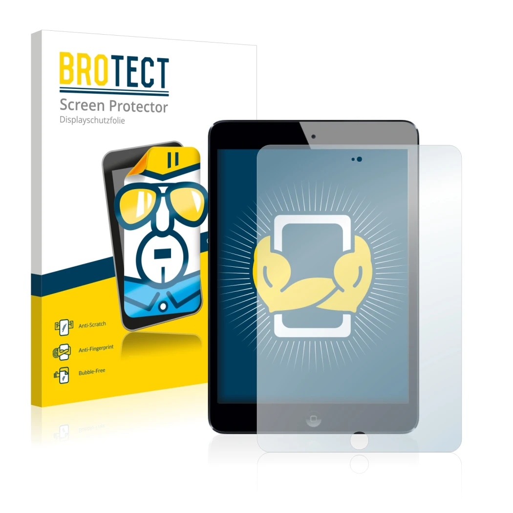 Face avant d’un emballage produit avec le logo de la marque BROTECT. À côté, l’appareil Apple iPad Mini 3 2014 est représenté 