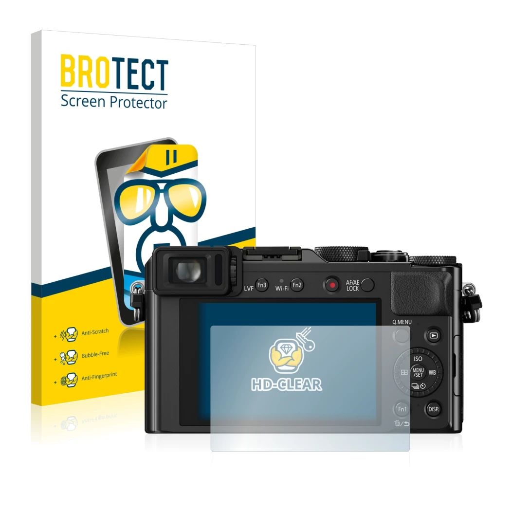 Face avant d’un emballage produit avec le logo de la marque BROTECT. À côté, l’appareil Panasonic Lumix DMC-LX100 est représen