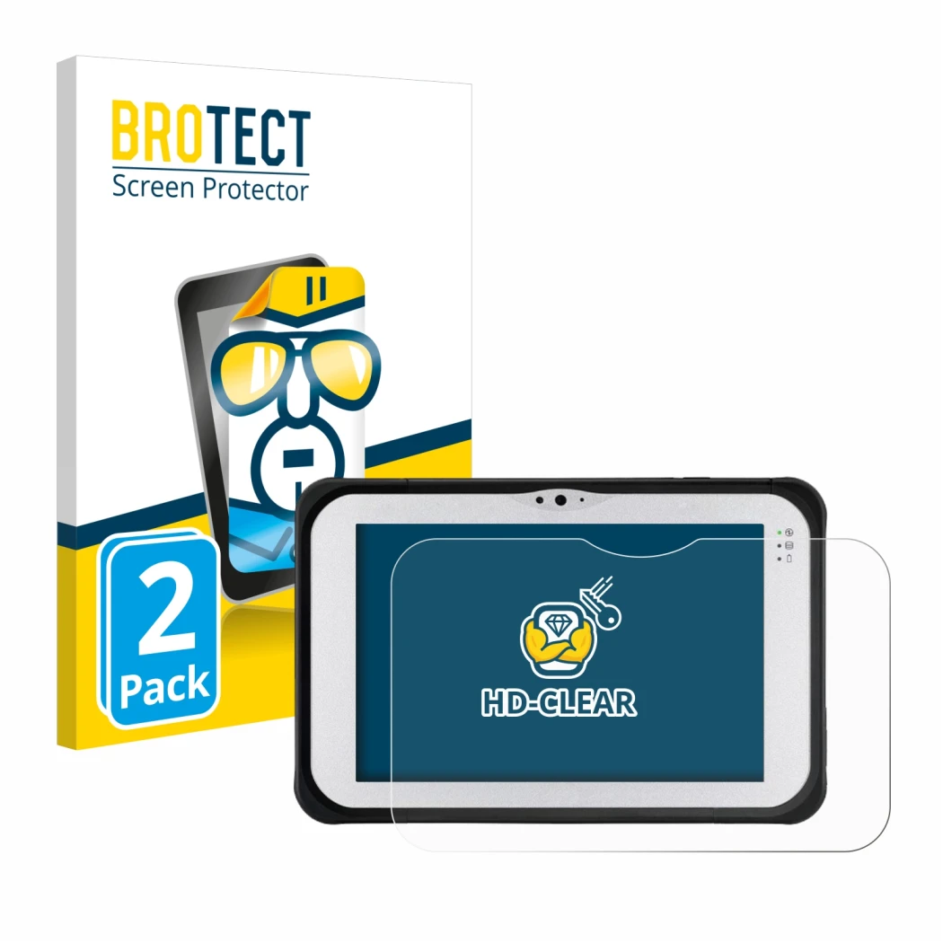 Face avant d’un emballage produit avec le logo de la marque BROTECT. À côté, l’appareil Panasonic Toughpad FZ-M1 est représent