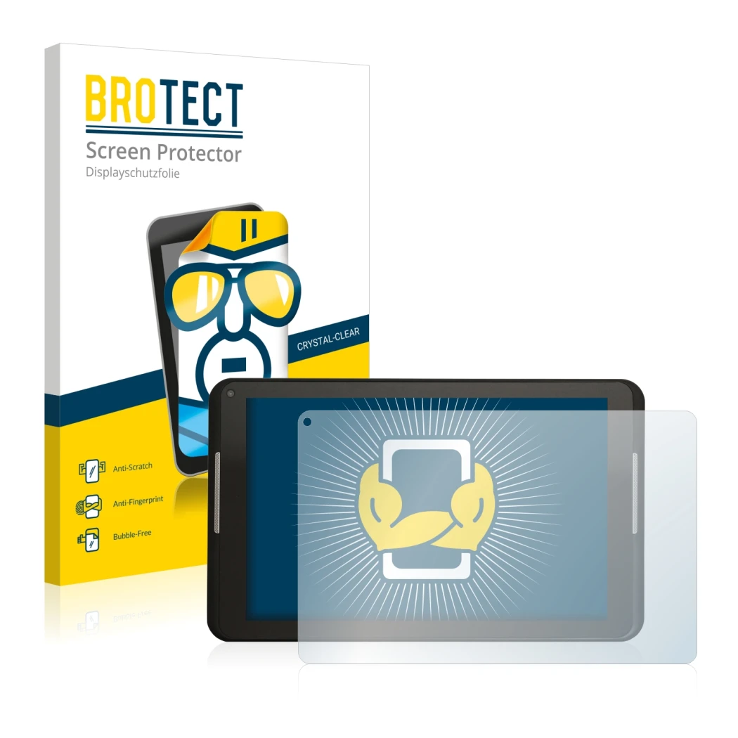 Face avant d’un emballage produit avec le logo de la marque BROTECT. À côté, l’appareil Xoro PAD 8W2 est représenté avec la pr