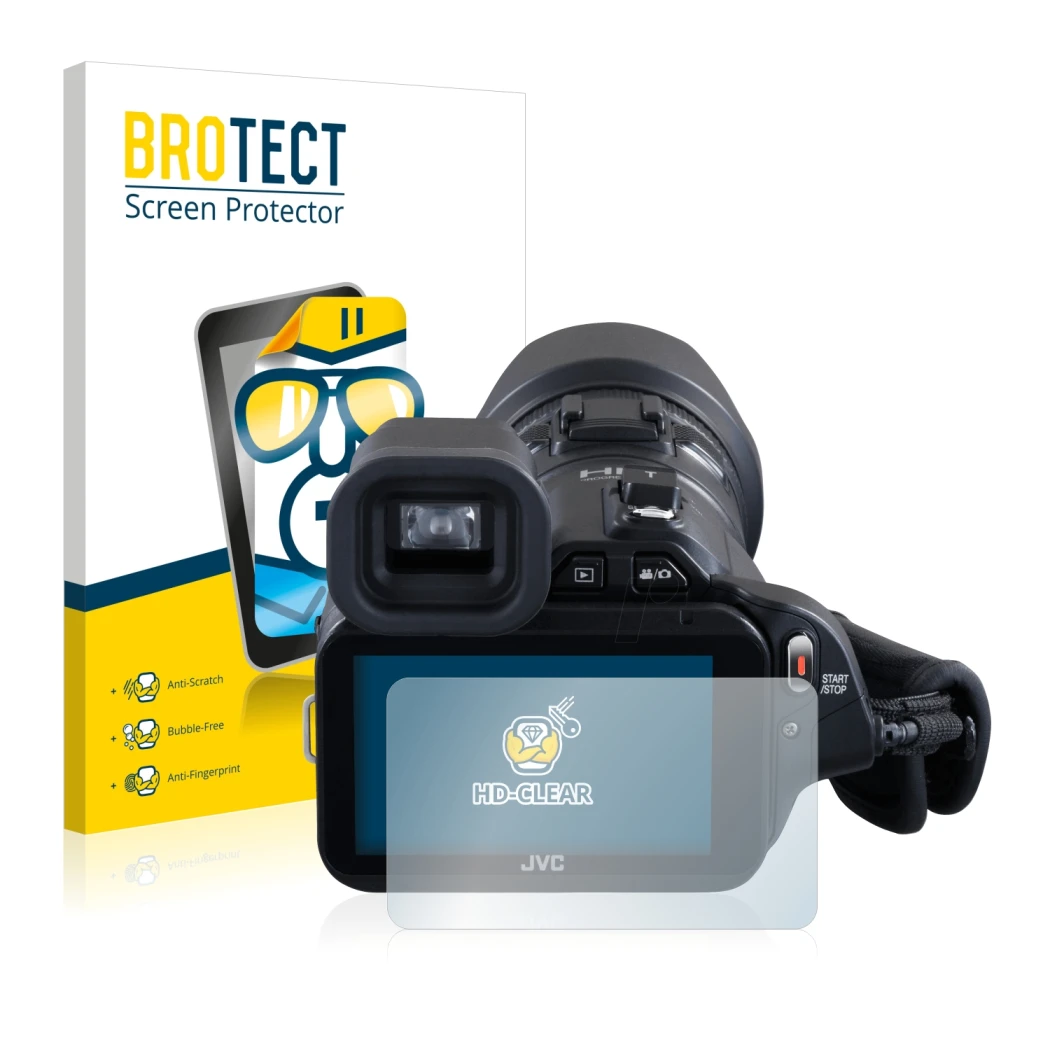 Face avant d’un emballage produit avec le logo de la marque BROTECT. À côté, l’appareil JVC GC-PX100BEU est représenté avec la