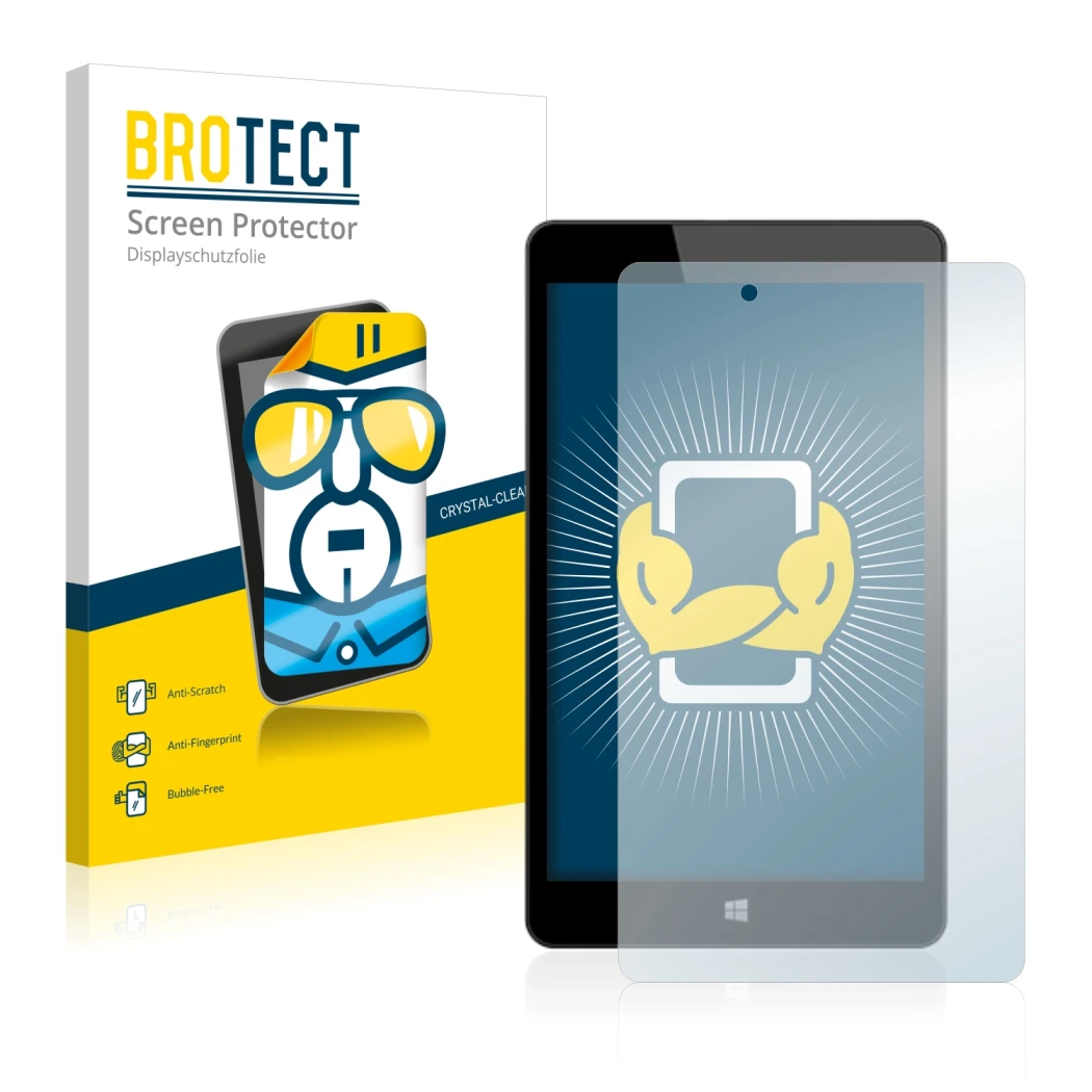 Face avant d’un emballage produit avec le logo de la marque BROTECT. À côté, l’appareil Linx 8 est représenté avec la protecti