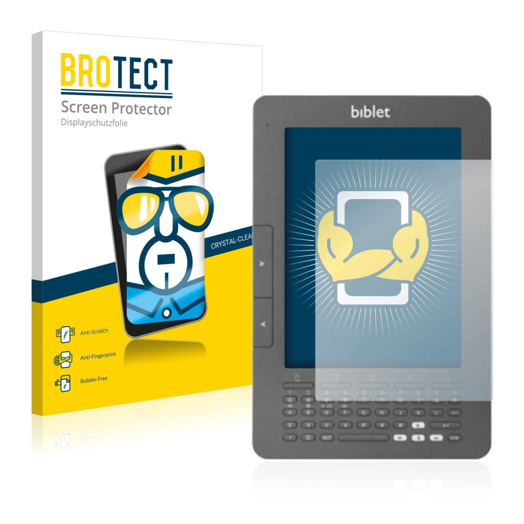 Face avant d’un emballage produit avec le logo de la marque BROTECT. À côté, l’appareil Biblet eBook Reader est représenté ave