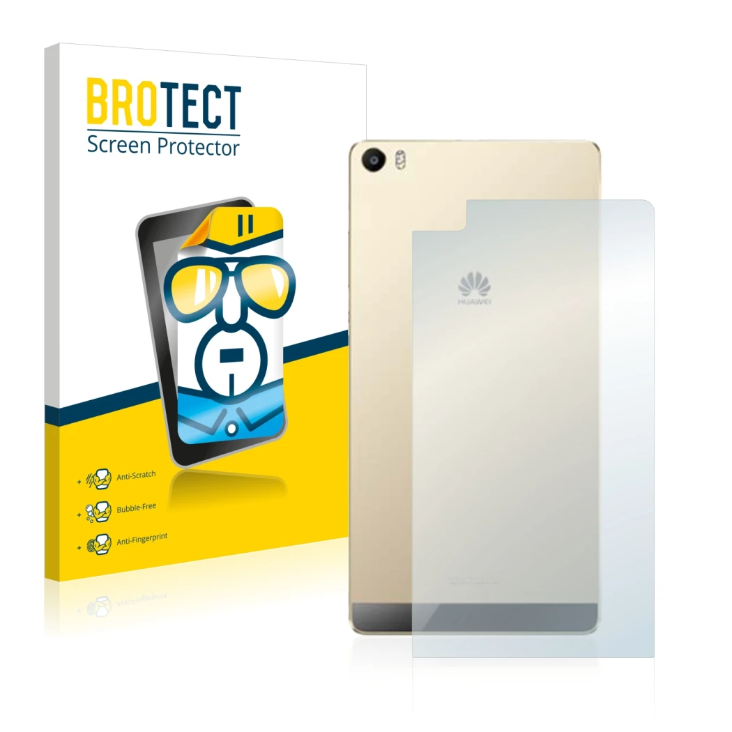Face avant d’un emballage produit avec le logo de la marque BROTECT. À côté, l’appareil Huawei P8 Max (Arrière) est représenté