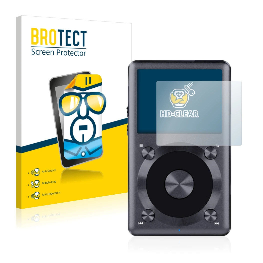 Face avant d’un emballage produit avec le logo de la marque BROTECT. À côté, l’appareil FiiO X3 II est représenté avec la prot