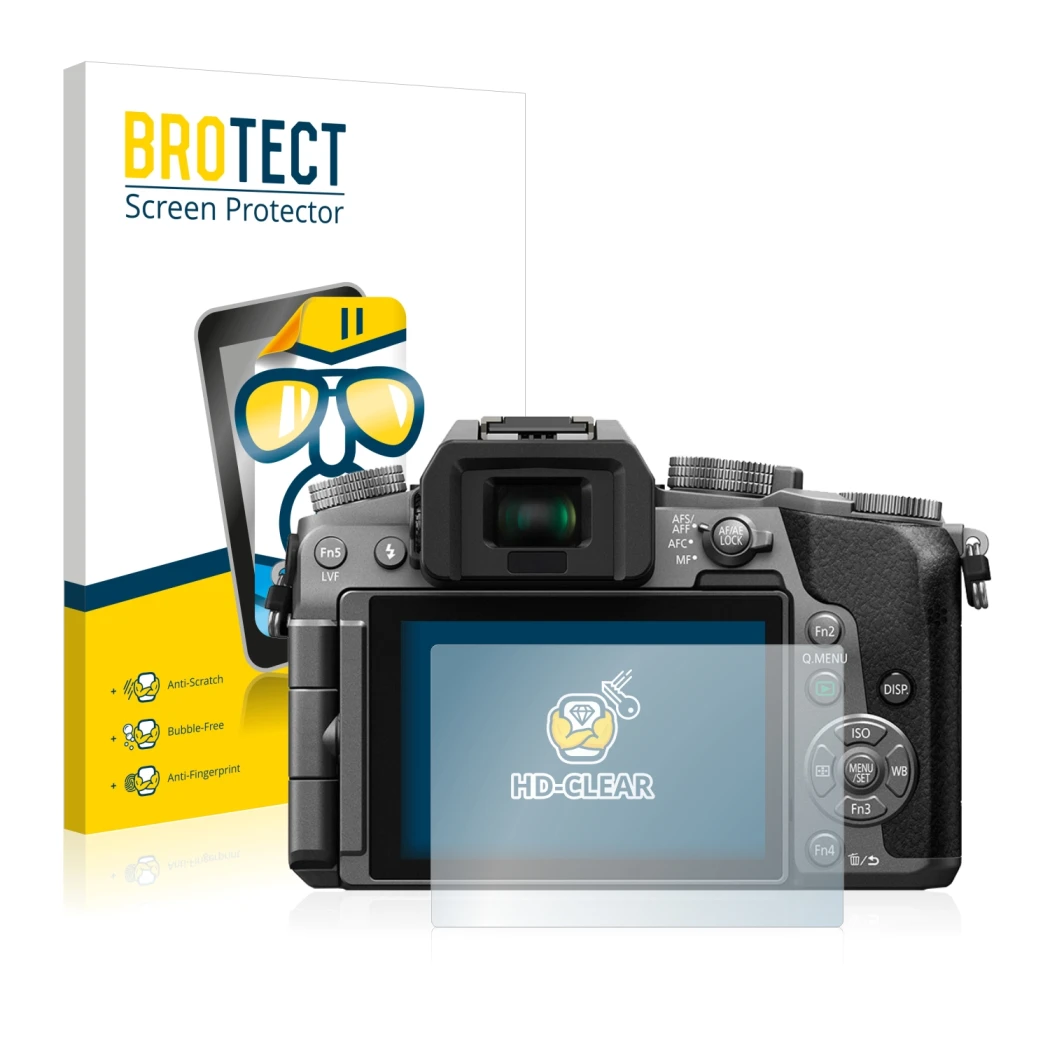 Face avant d’un emballage produit avec le logo de la marque BROTECT. À côté, l’appareil Panasonic Lumix DMC-G7 est représenté