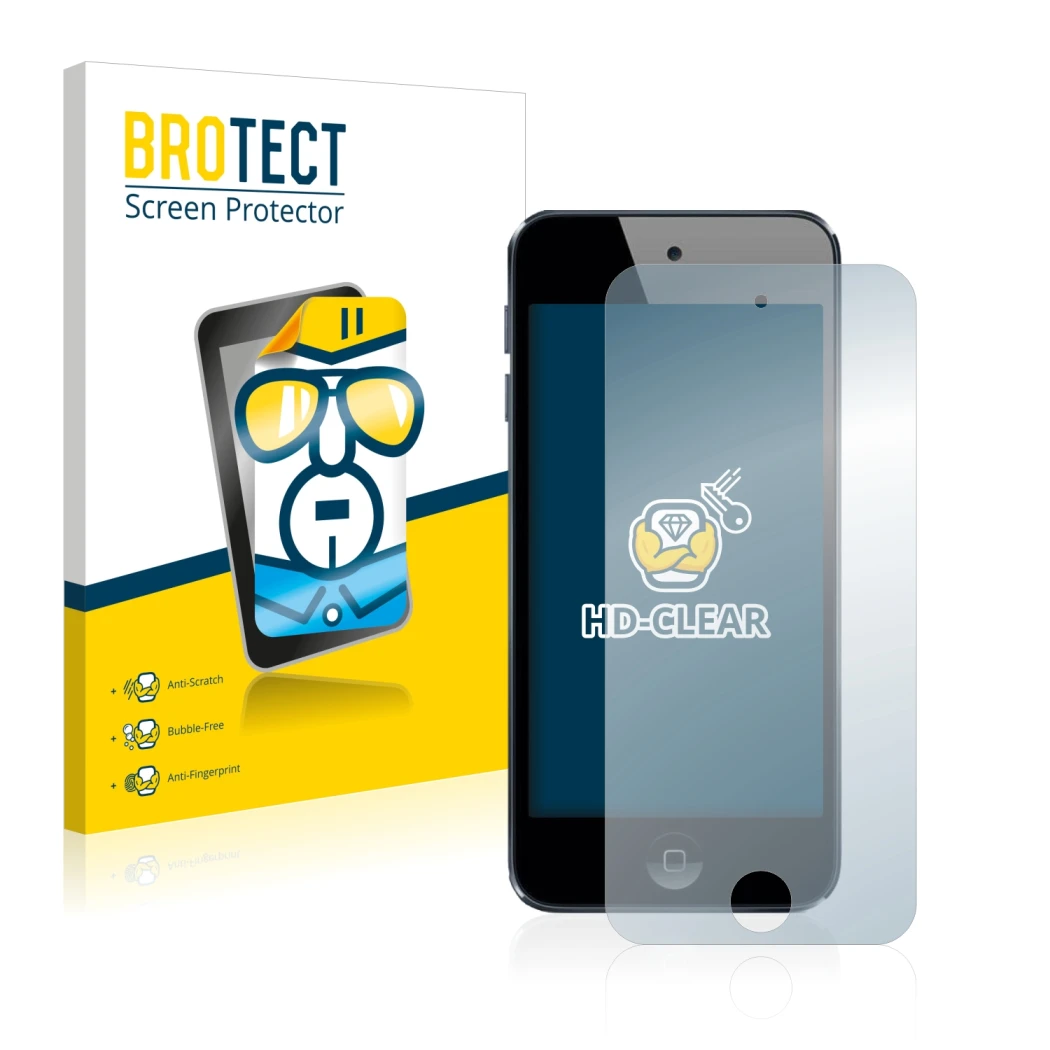 Face avant d’un emballage produit avec le logo de la marque BROTECT. À côté, l’appareil Apple iPod Touch (6ème Gen.) est repré