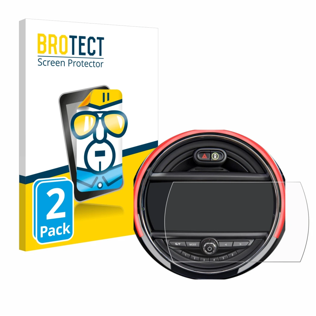 Face avant d’un emballage produit avec le logo de la marque BROTECT. À côté, l’appareil Mini Cooper R56 (6.5