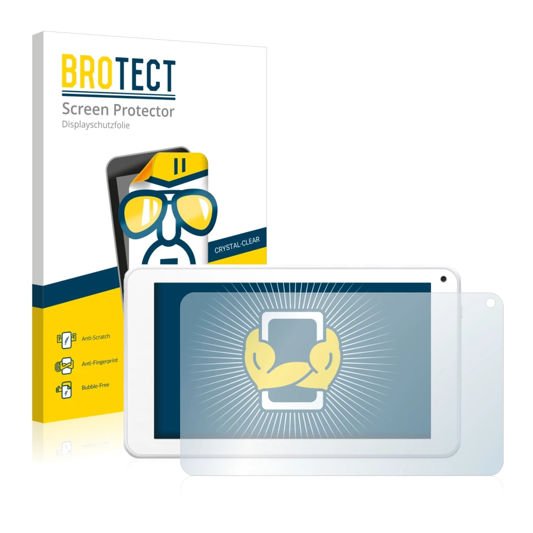 Face avant d’un emballage produit avec le logo de la marque BROTECT. À côté, l’appareil BigBen Unity Tab 7 est représenté avec