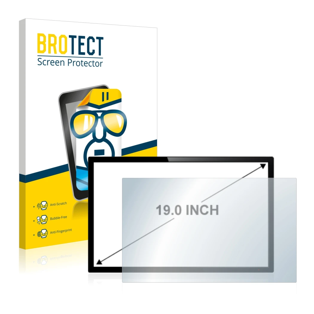 Face avant d’un emballage produit avec le logo de la marque BROTECT. À côté, l’appareil est représenté avec la protection d’éc
