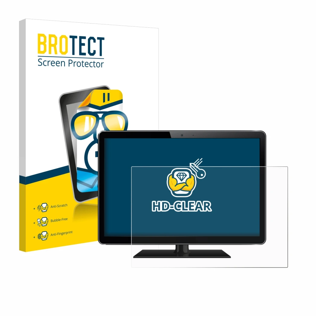 Face avant d’un emballage produit avec le logo de la marque BROTECT. À côté, l’appareil est représenté avec la protection d’éc