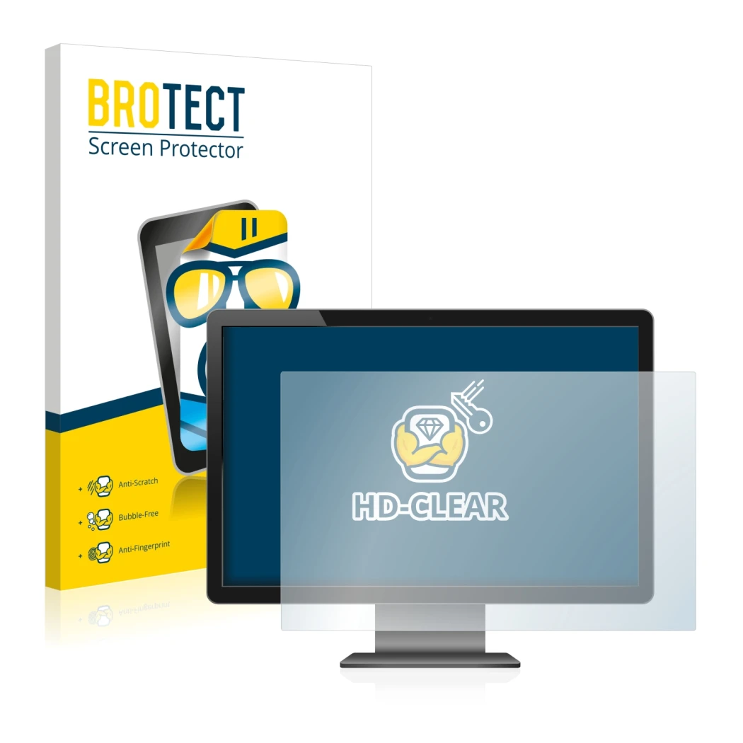 Face avant d’un emballage produit avec le logo de la marque BROTECT. À côté, l’appareil est représenté avec la protection d’éc