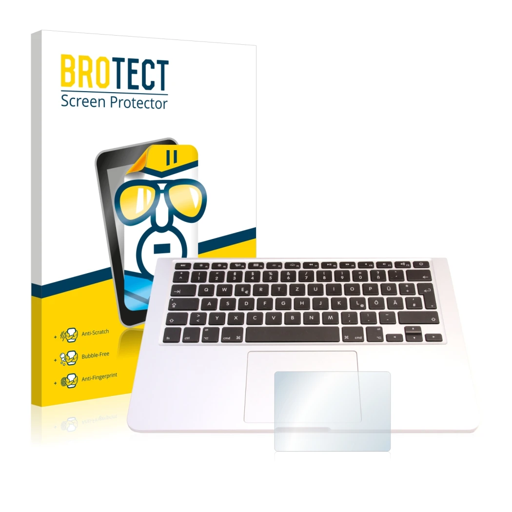 Face avant d’un emballage produit avec le logo de la marque BROTECT. À côté, l’appareil Apple MacBook Pro 13.3