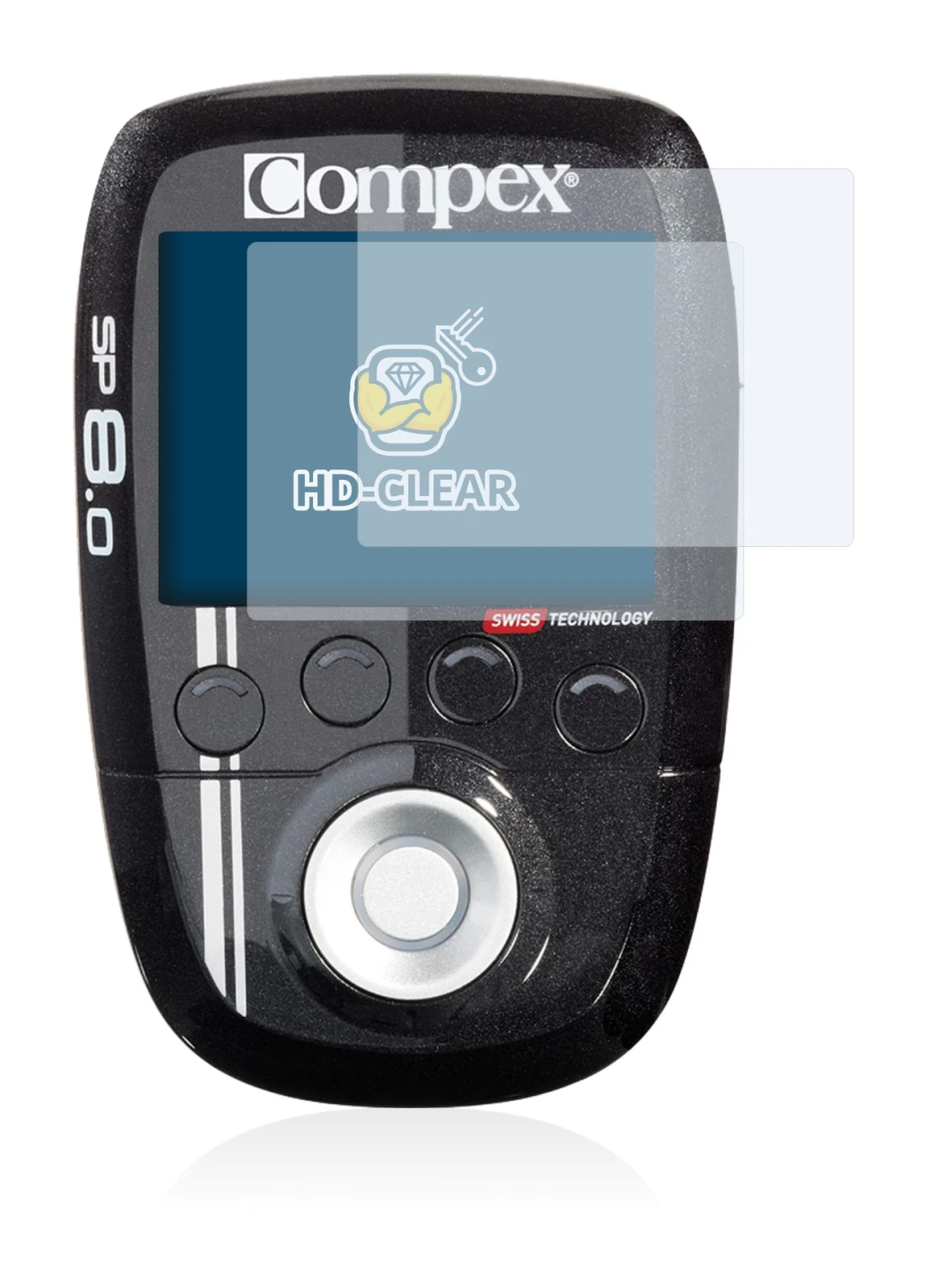 Image de l'appareil Compex SP 8.0 avec une grande variété de protections d'écran.