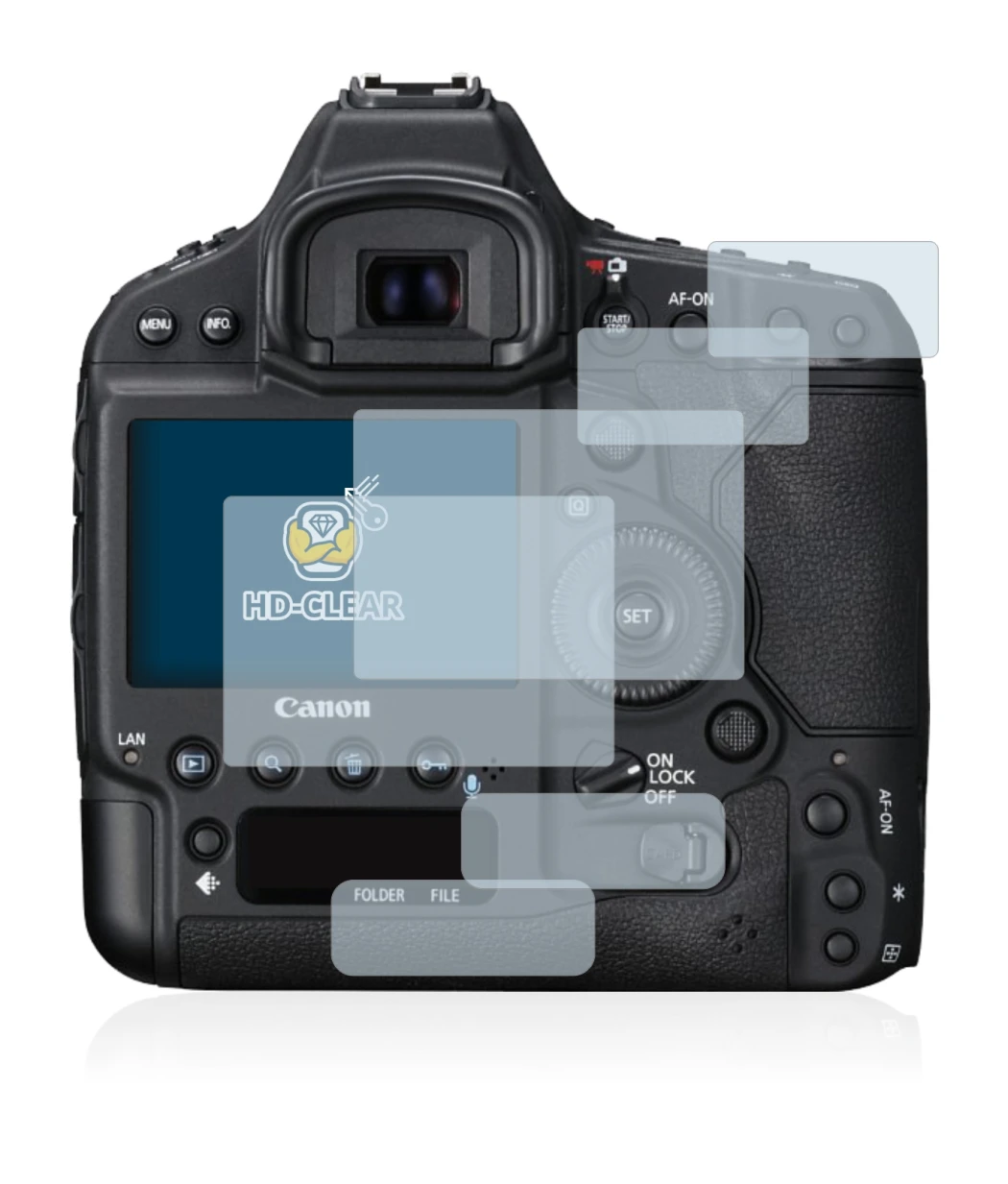 Image de l'appareil Canon EOS 1D X Mark II avec une grande variété de protections d'écran.
