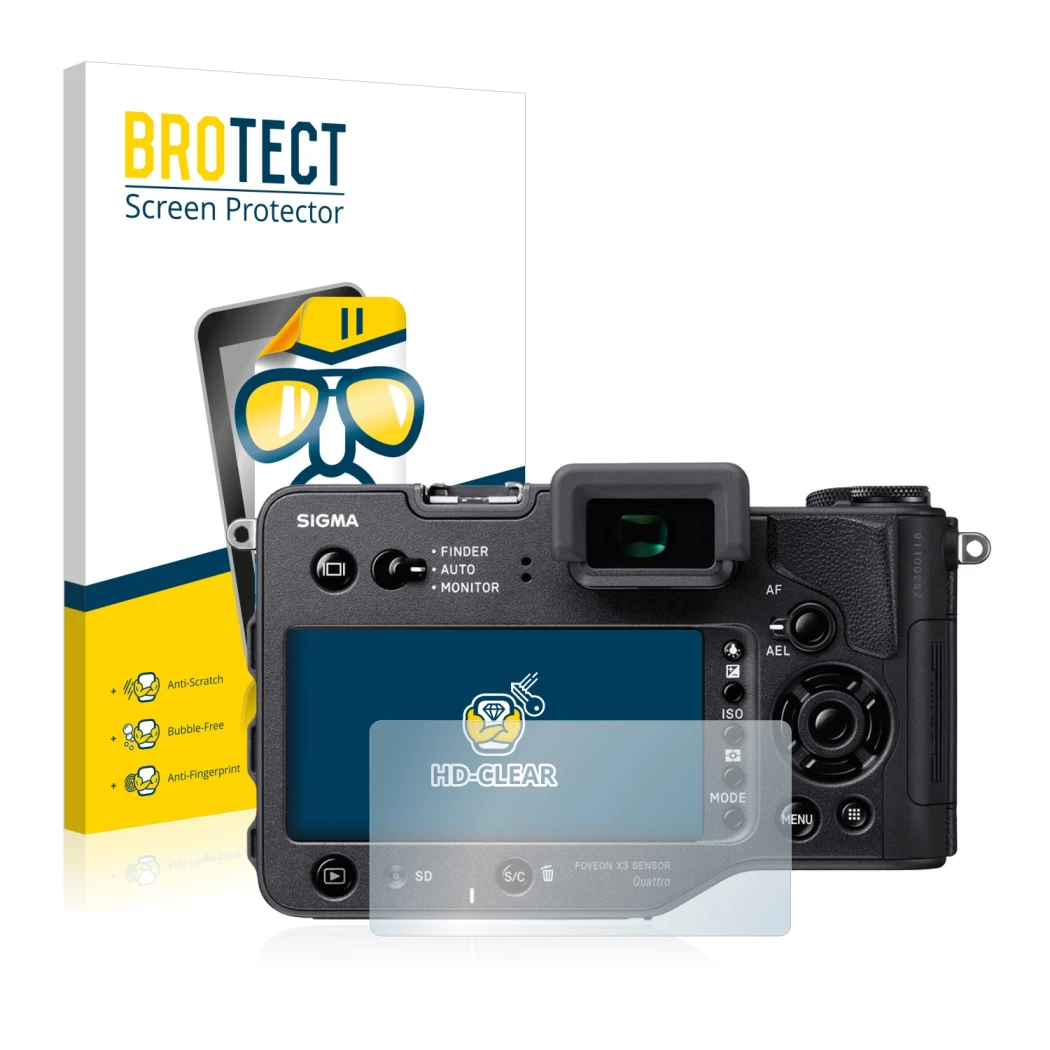 Face avant d’un emballage produit avec le logo de la marque BROTECT. À côté, l’appareil Sigma SD Quattro est représenté avec l