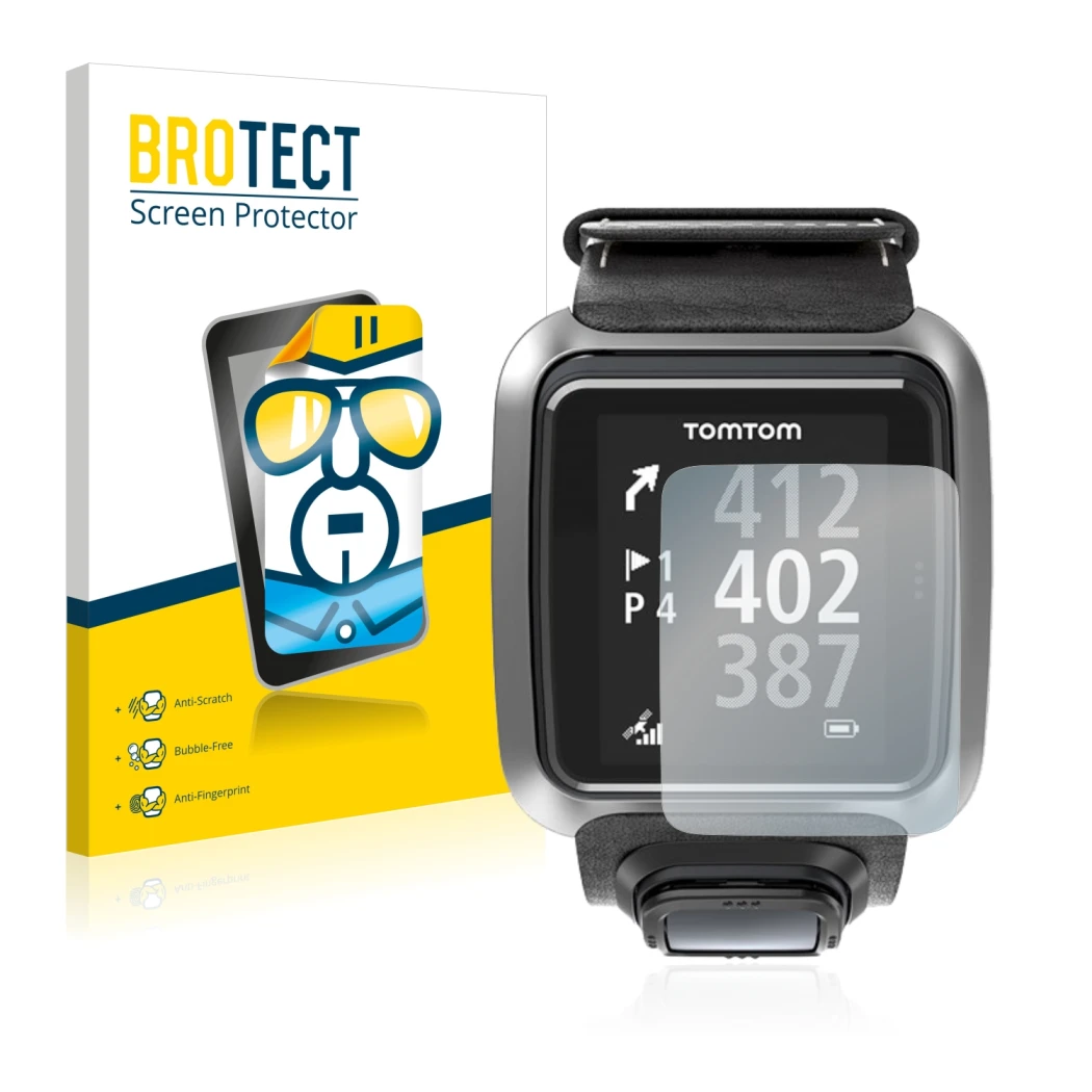 Face avant d’un emballage produit avec le logo de la marque BROTECT. À côté, l’appareil TomTom Golfer 2 est représenté avec la