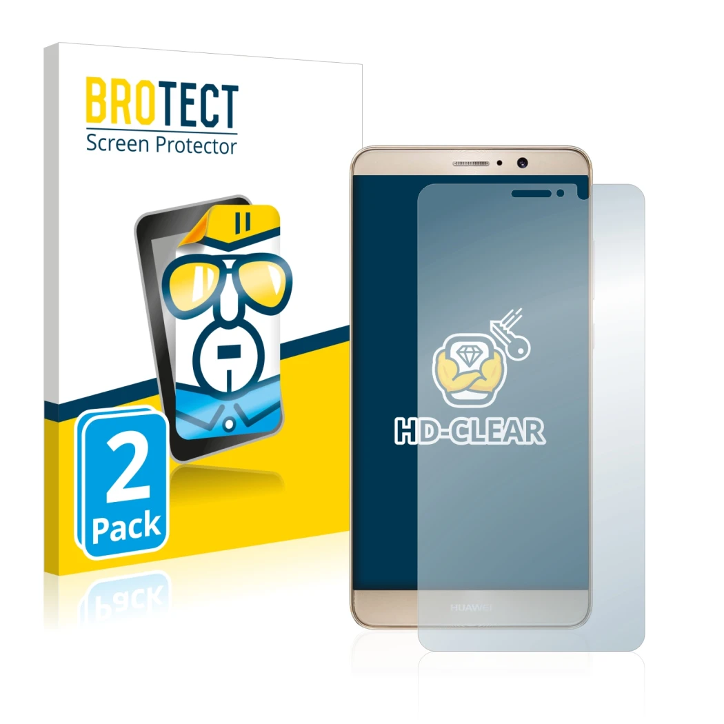 Face avant d’un emballage produit avec le logo de la marque BROTECT. À côté, l’appareil Huawei Mate 9 est représenté avec la p