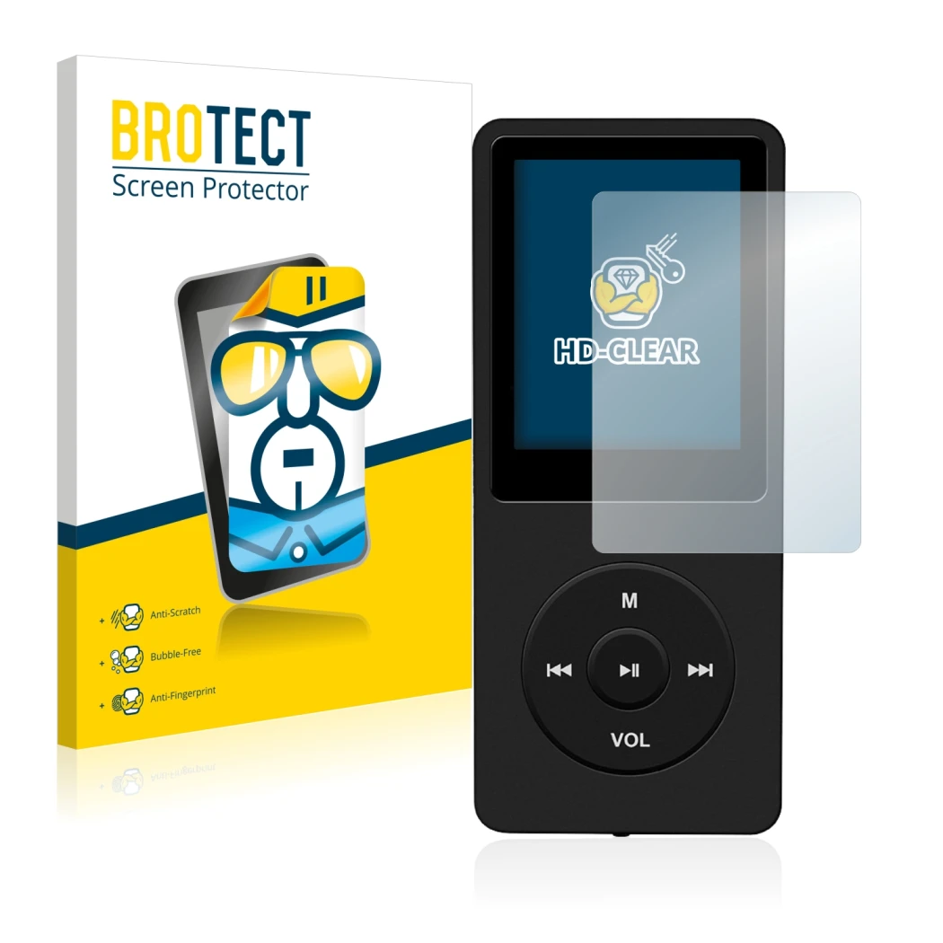 Face avant d’un emballage produit avec le logo de la marque BROTECT. À côté, l’appareil AGPtek 8GB MP3-Player est représenté a
