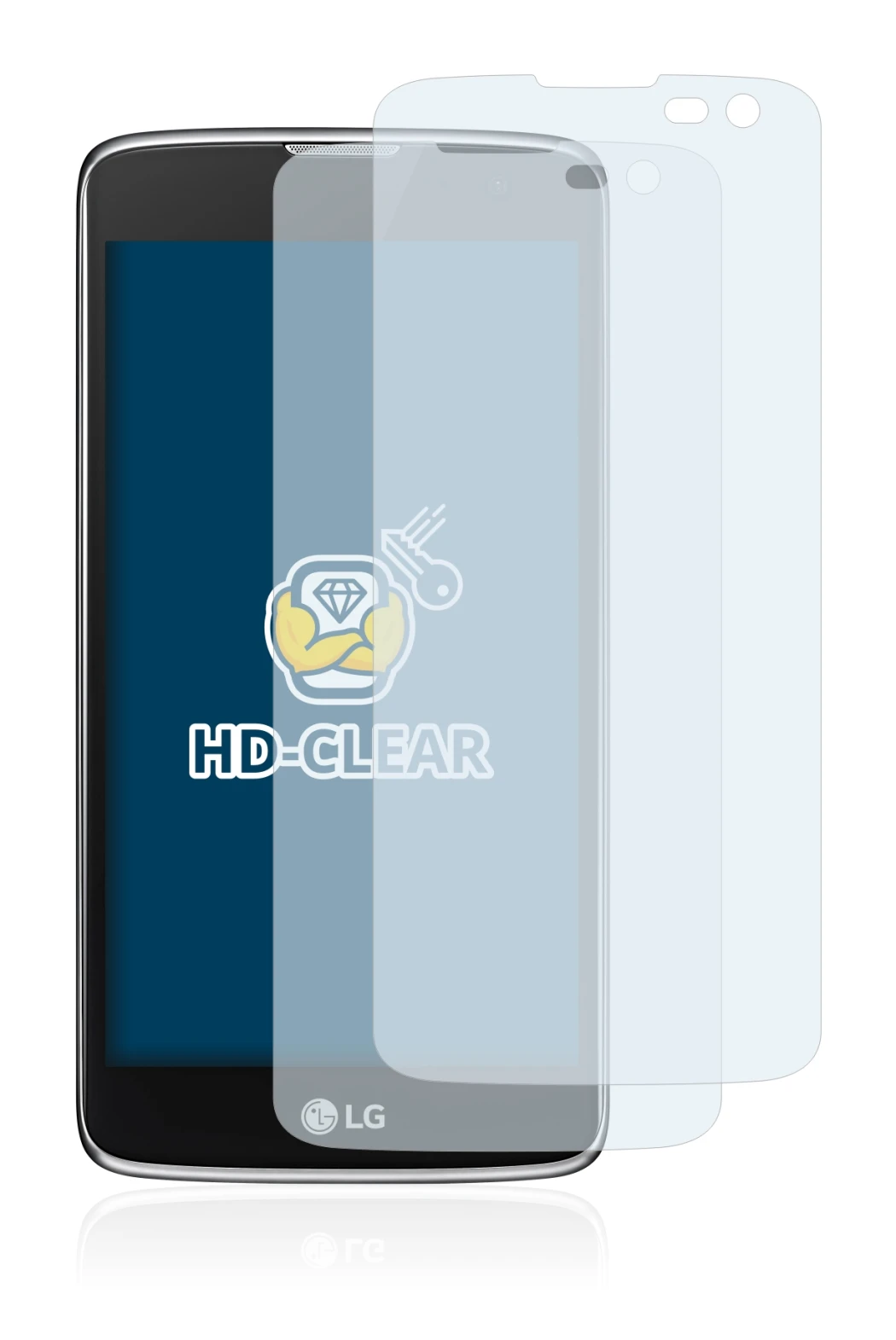 Image de l'appareil LG K7 (caméra à droite uniquement) avec une grande variété de protections d'écran.