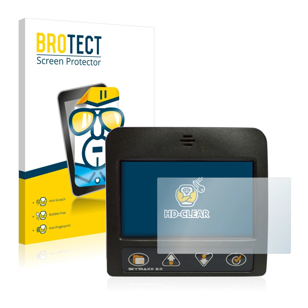 Face avant d’un emballage produit avec le logo de la marque BROTECT. À côté, l’appareil Skytraxx 3.0 Vario est représenté avec