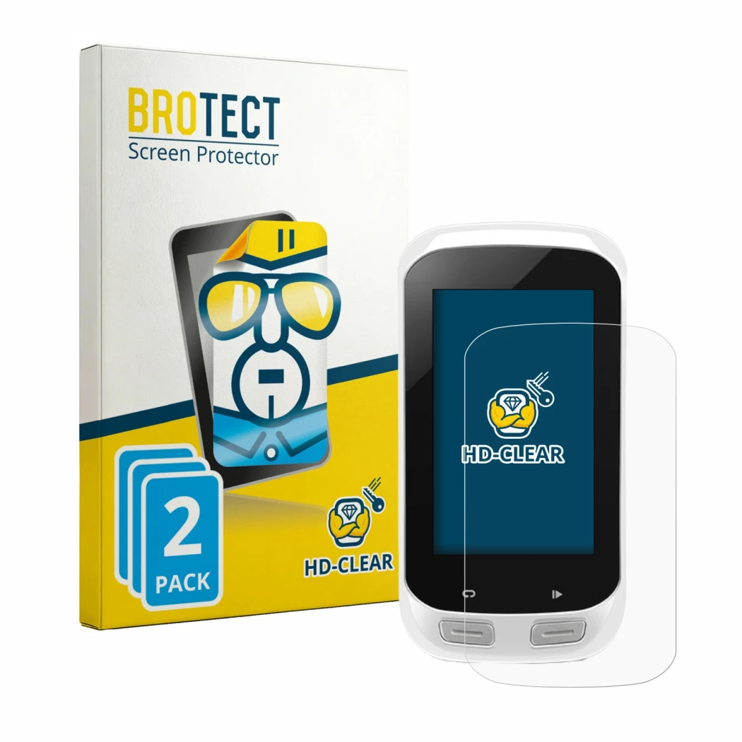 Face avant d’un emballage produit avec le logo de la marque BROTECT. À côté, l’appareil Garmin Edge Explore 1000 est représent
