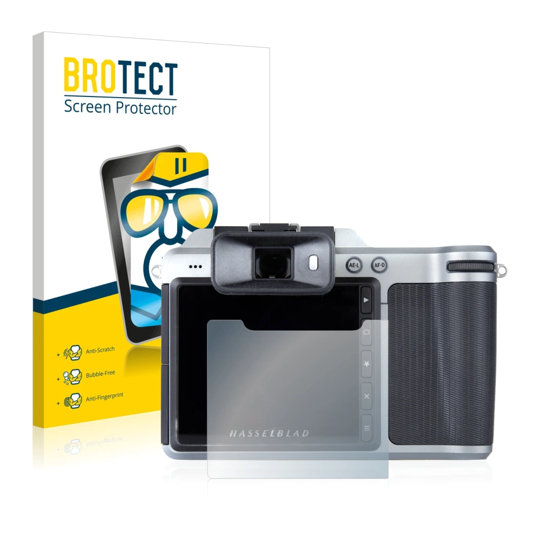 Face avant d’un emballage produit avec le logo de la marque BROTECT. À côté, l’appareil Hasselblad X1D-50c est représenté avec