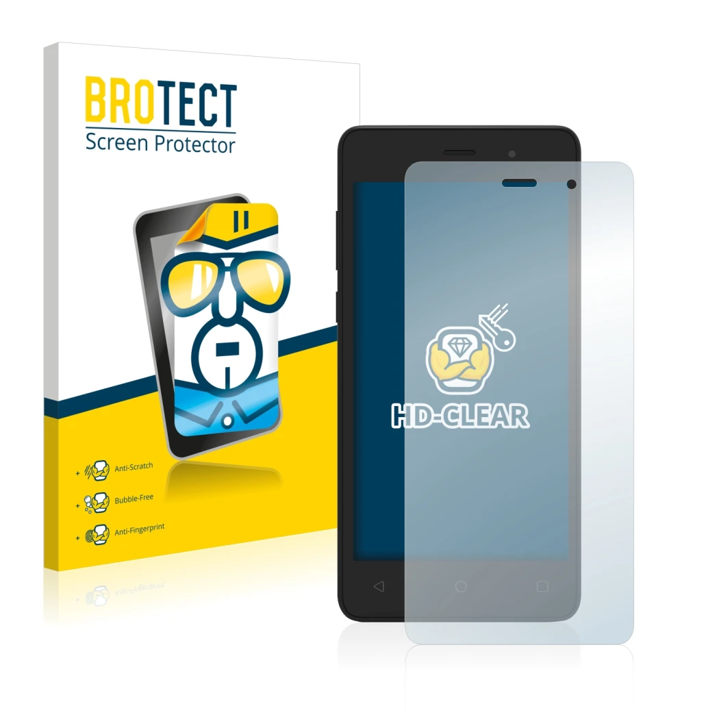 Face avant d’un emballage produit avec le logo de la marque BROTECT. À côté, l’appareil Archos 45d Platinum est représenté ave