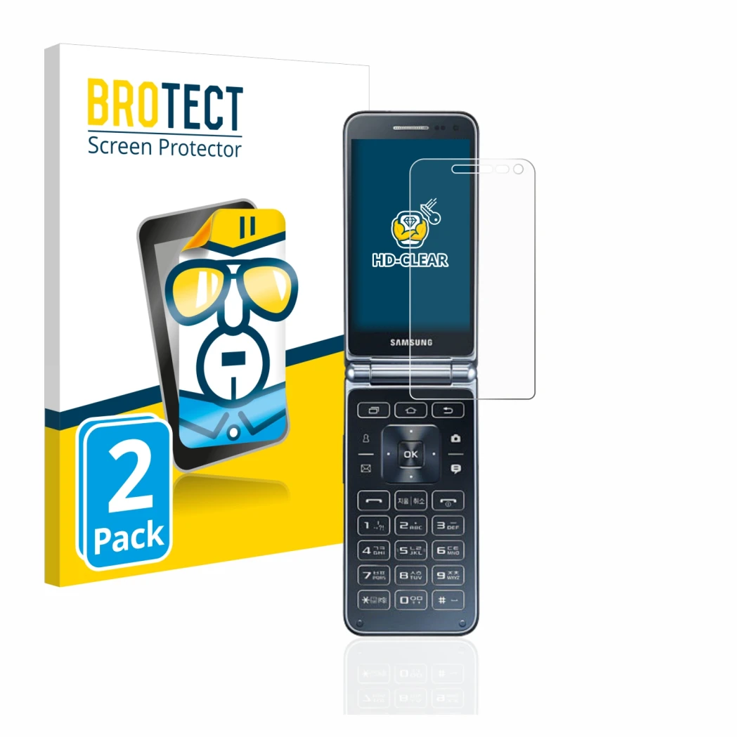 Face avant d’un emballage produit avec le logo de la marque BROTECT. À côté, l’appareil Samsung Galaxy Folder 2 est représenté