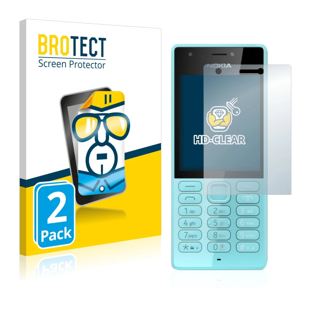 Face avant d’un emballage produit avec le logo de la marque BROTECT. À côté, l’appareil Nokia 216 est représenté avec la prote