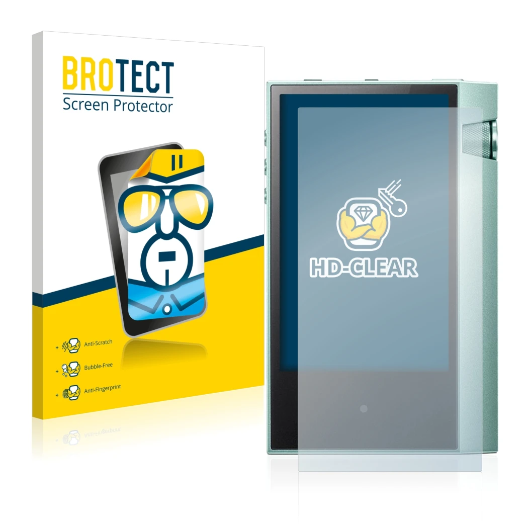 Face avant d’un emballage produit avec le logo de la marque BROTECT. À côté, l’appareil Astell&Kern AK70 est représenté avec l