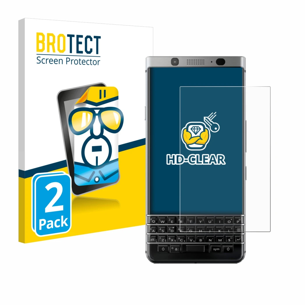 Face avant d’un emballage produit avec le logo de la marque BROTECT. À côté, l’appareil BlackBerry Keyone est représenté avec 