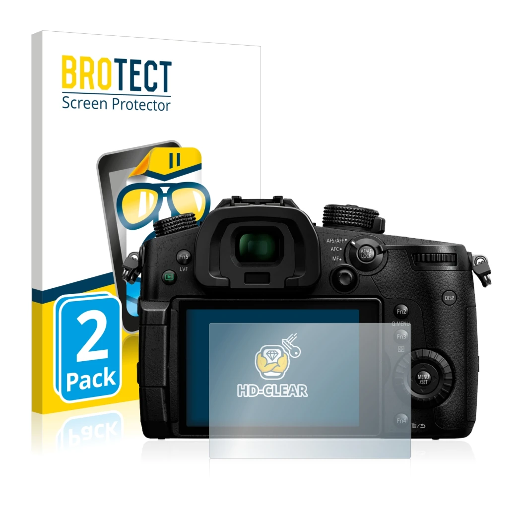 Face avant d’un emballage produit avec le logo de la marque BROTECT. À côté, l’appareil Panasonic Lumix DC-GH5 est représenté