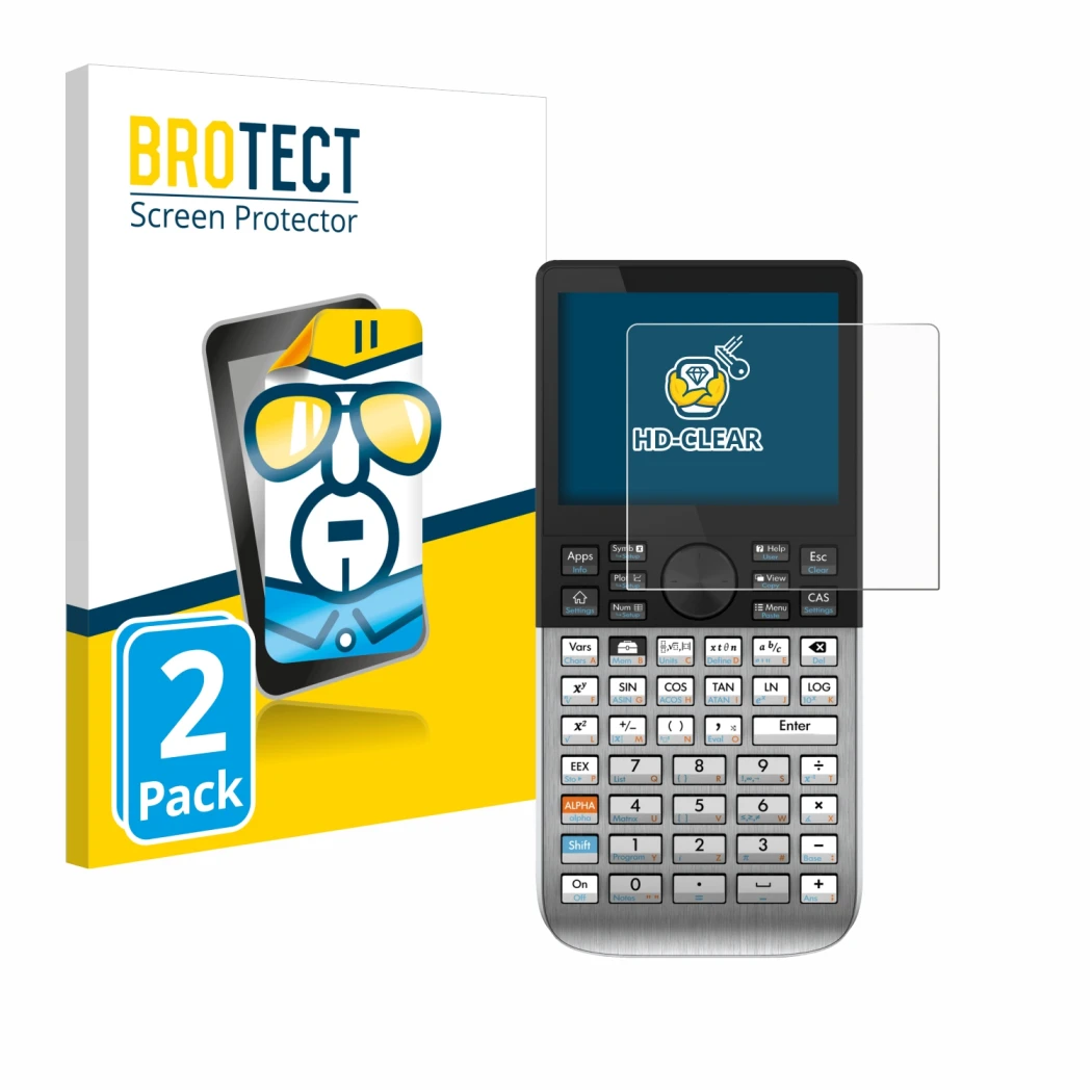 Face avant d’un emballage produit avec le logo de la marque BROTECT. À côté, l’appareil HP Prime est représenté avec la protec