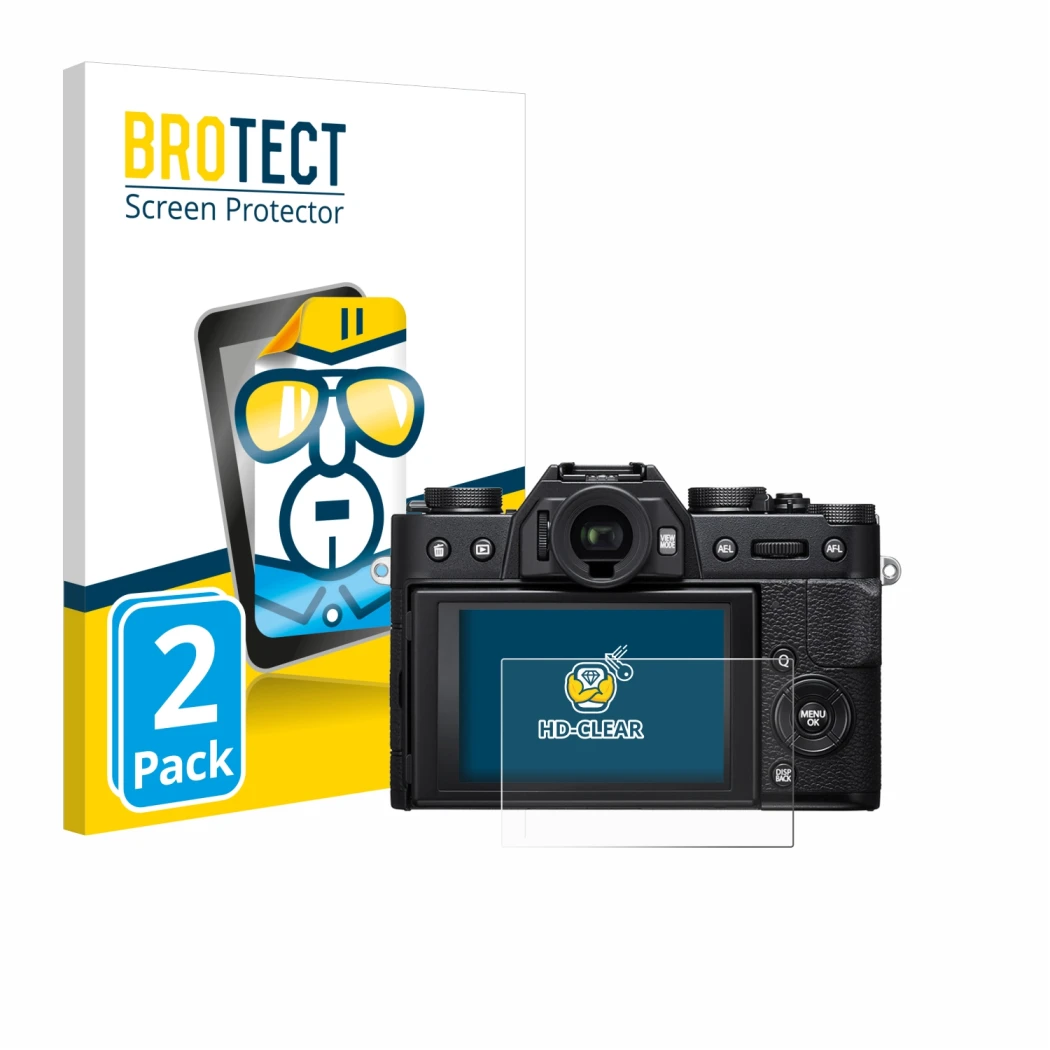 Face avant d’un emballage produit avec le logo de la marque BROTECT. À côté, l’appareil Fujifilm X-T20 est représenté avec la 