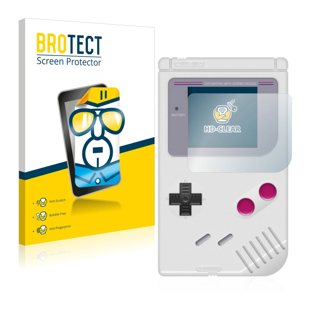 Face avant d’un emballage produit avec le logo de la marque BROTECT. À côté, l’appareil Nintendo Gameboy (1989) est représenté