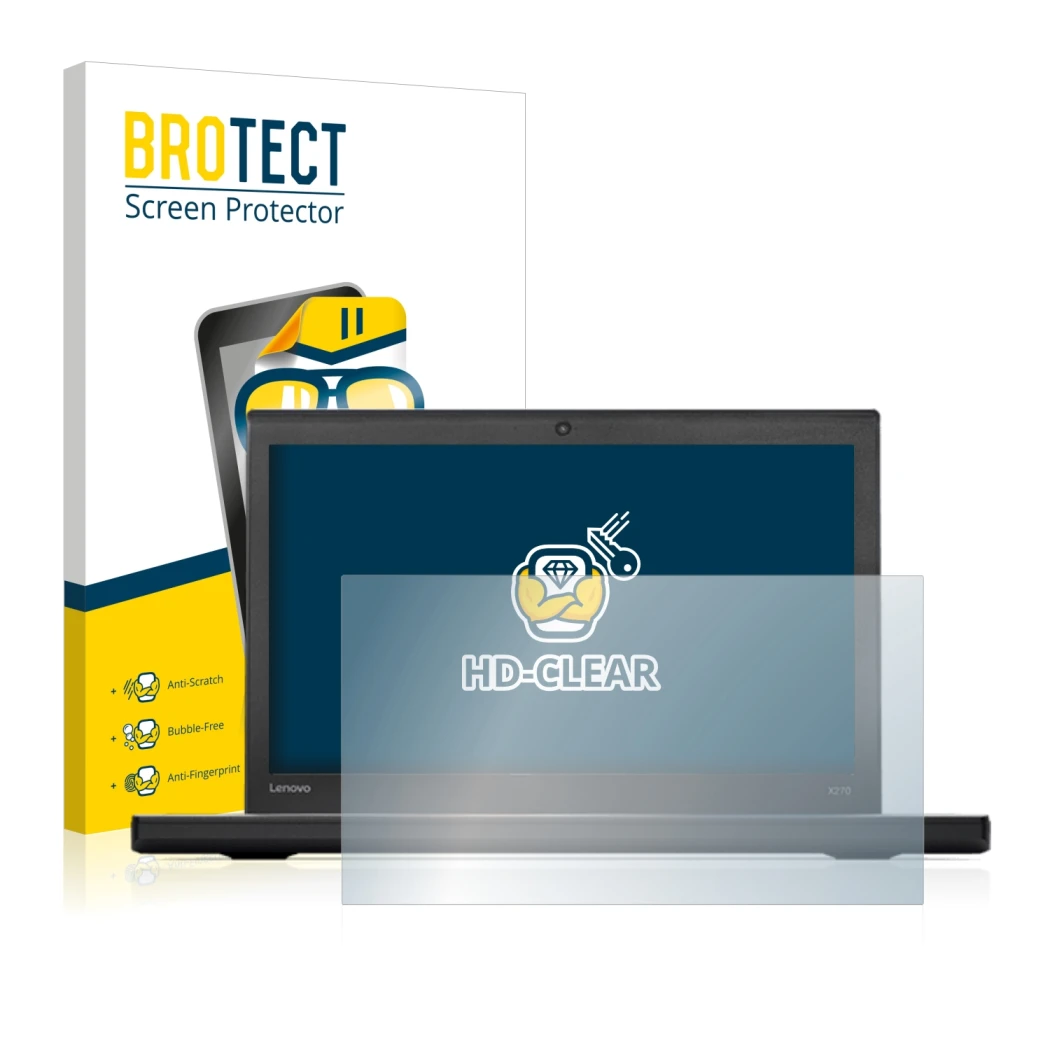 Face avant d’un emballage produit avec le logo de la marque BROTECT. À côté, l’appareil Lenovo ThinkPad X270 est représenté av