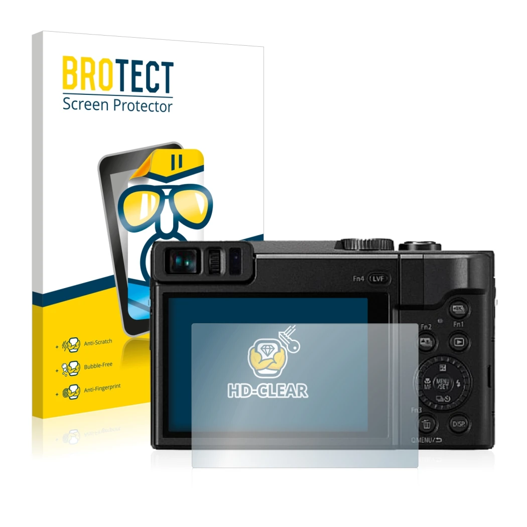 Face avant d’un emballage produit avec le logo de la marque BROTECT. À côté, l’appareil Panasonic Lumix DC-TZ91 est représenté