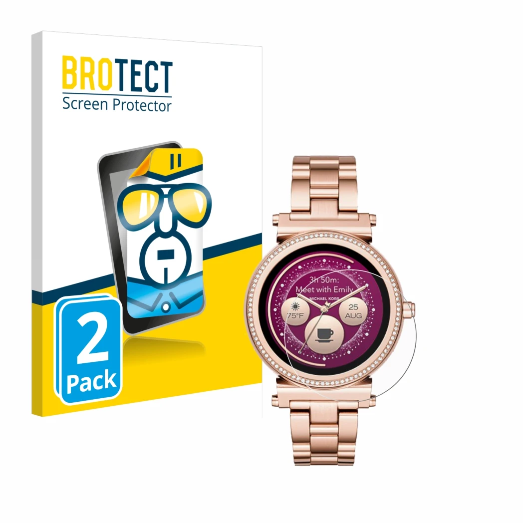 Face avant d’un emballage produit avec le logo de la marque BROTECT. À côté, l’appareil Michael Kors Access Sofie est représen
