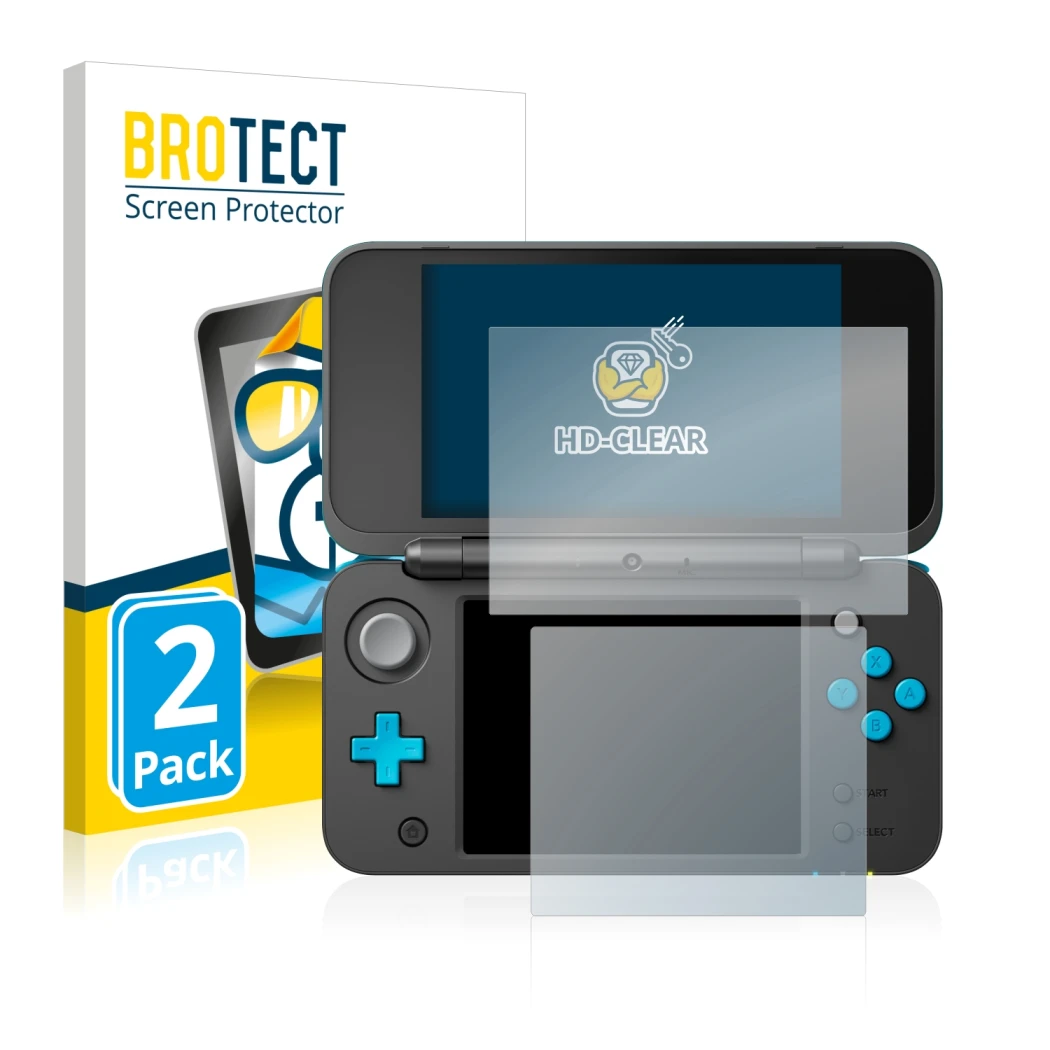 Face avant d’un emballage produit avec le logo de la marque BROTECT. À côté, l’appareil Nintendo 2DS XL est représenté avec la
