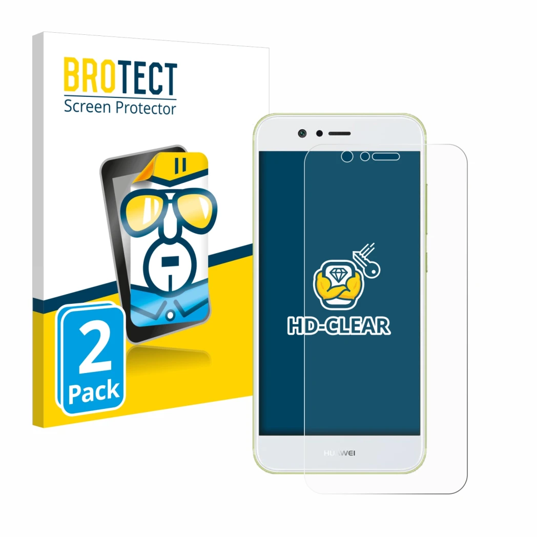 Face avant d’un emballage produit avec le logo de la marque BROTECT. À côté, l’appareil Huawei Nova 2 est représenté avec la p