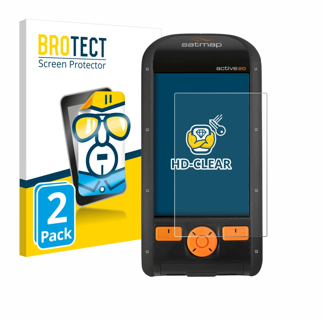 Face avant d’un emballage produit avec le logo de la marque BROTECT. À côté, l’appareil Satmap Active 20 est représenté avec l